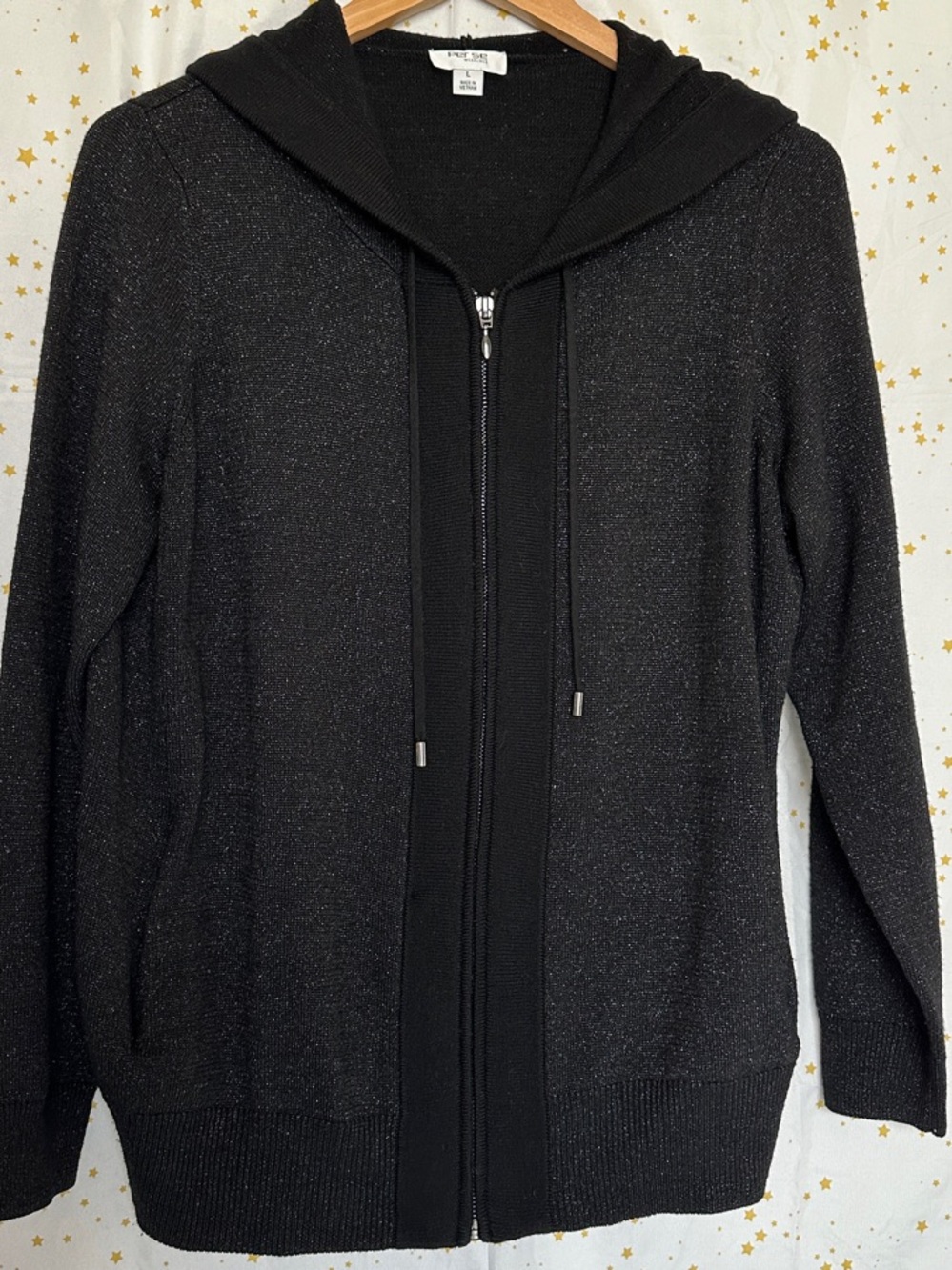 Women's Black Hooded Zip-Up Sparkle Jacket